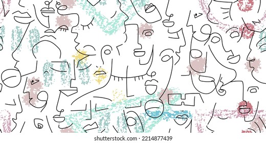 Dibujo de una línea. Resumen de la cara sin fisuras. Vector Arte mínimo moderno. Fondo de contorno gráfico. Dibujo continuo de líneas. Diseño lineal de caras de hombre y mujer. Belleza horizontal impresión moderna.