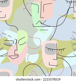 Dibujo de una línea. Resumen de la cara sin fisuras. Vector Arte mínimo moderno. Fondo de contorno gráfico. Dibujo continuo de líneas. Diseño lineal de caras de hombre y mujer. La belleza de la impresión moderna. 