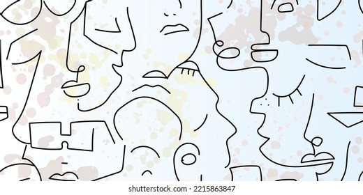 Dibujo de una línea. Resumen de la cara sin fisuras. Vector Arte mínimo moderno. Fondo de contorno gráfico. Dibujo continuo de líneas. Diseño lineal de caras de hombre y mujer. La belleza de la impresión moderna.