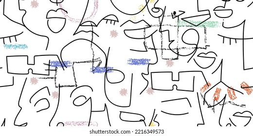 One line drawing. Abstract face seamless pattern. Vector Modern minimal art. Graphics contour background. Continuous line drawing. Linear design woman and man faces. Horizontal Beauty modern print.