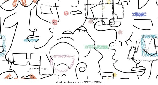 Dibujo de una línea. Resumen de la cara sin fisuras. Vector Arte mínimo moderno. Fondo de contorno gráfico. Dibujo continuo de líneas. Diseño lineal de caras de hombre y mujer. Belleza horizontal impresión moderna.