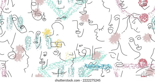 One line drawing. Abstract face seamless pattern. Vector Modern minimal art. Graphics contour background. Continuous line drawing. Linear design woman and man faces. Horizontal Beauty modern print.
