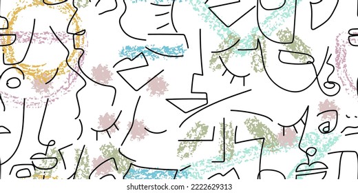 One line drawing. Abstract face seamless pattern. Vector Modern minimal art. Graphics contour background. Continuous line drawing. Linear design woman and man faces. Horizontal Beauty modern print.