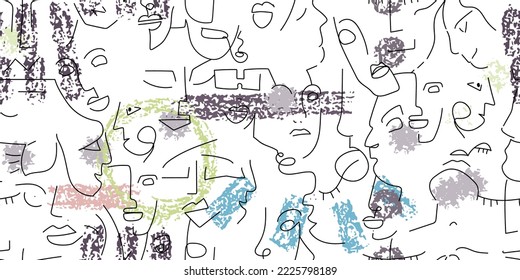 Dibujo de una línea. Resumen de la cara sin fisuras. Vector Arte mínimo moderno. Fondo de contorno gráfico. Dibujo continuo de líneas. Diseño lineal de caras de hombre y mujer. Belleza horizontal impresión moderna.