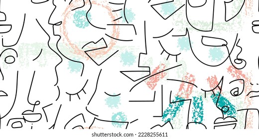 Dibujo de una línea. Resumen de la cara sin fisuras. Vector Arte mínimo moderno. Fondo de contorno gráfico. Dibujo continuo de líneas. Diseño lineal de caras de hombre y mujer. Belleza horizontal impresión moderna.
