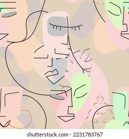 Dibujo de una línea. Resumen de la cara sin fisuras. Vector Arte mínimo moderno. Fondo de contorno gráfico. Dibujo continuo de líneas. Diseño lineal de caras de hombre y mujer. La belleza de la impresión moderna. 