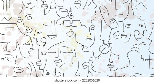 One line drawing. Abstract face seamless pattern. Vector Modern minimal art. Graphics contour background. Continuous line drawing. Linear design woman and man faces. Beauty modern print.