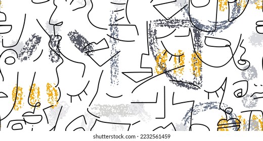 One line drawing. Abstract face seamless pattern. Vector Modern minimal art. Graphics contour background. Continuous line drawing. Linear design woman and man faces. Horizontal Beauty modern print.