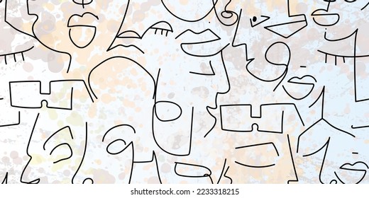 One line drawing. Abstract face seamless pattern. Vector Modern minimal art. Graphics contour background. Continuous line drawing. Linear design woman and man faces. Beauty modern print.