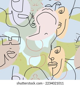 One line drawing. Abstract face seamless pattern. Vector Modern minimal art.  Graphics contour background. Continuous line drawing. Linear design woman and man faces. Beauty modern print. 