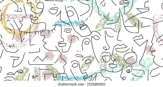 One line drawing. Abstract face seamless pattern. Vector Modern minimal art. Graphics contour background. Continuous line drawing. Linear design woman and man faces. Horizontal Beauty modern print.