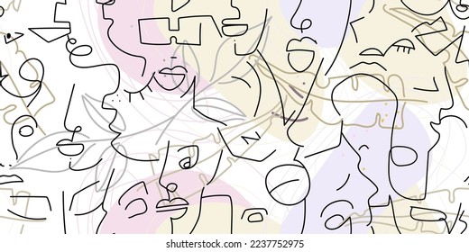 One line drawing. Abstract face seamless pattern. Vector Modern minimal art. Graphics contour background. Continuous line drawing. Linear design woman and man faces. Beauty modern print.