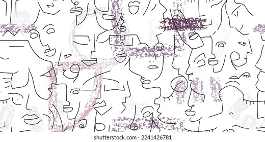 One line drawing. Abstract face seamless pattern. Vector Modern minimal art. Graphics contour background. Continuous line drawing. Linear design woman and man faces. Horizontal Beauty modern print.
