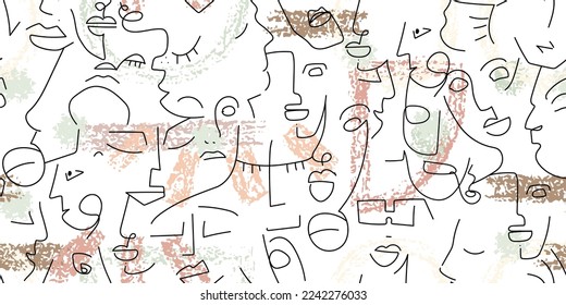 One line drawing. Abstract face seamless pattern. Vector Modern minimal art. Graphics contour background. Continuous line drawing. Linear design woman and man faces. Horizontal Beauty modern print.