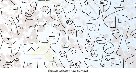 One line drawing. Abstract face seamless pattern. Vector Modern minimal art. Graphics contour background. Continuous line drawing. Linear design woman and man faces. Beauty modern print.