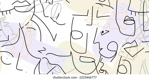 One line drawing. Abstract face seamless pattern. Vector Modern minimal art. Graphics contour background. Continuous line drawing. Linear design woman and man faces. Beauty modern print.
