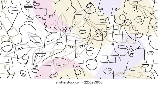 One line drawing. Abstract face seamless pattern. Vector Modern minimal art. Graphics contour background. Continuous line drawing. Linear design woman and man faces. Beauty modern print.