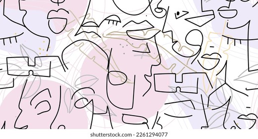 Dibujo de una línea. Resumen de la cara sin fisuras. Vector Arte mínimo moderno. Fondo de contorno gráfico. Dibujo continuo de líneas. Diseño lineal de caras de hombre y mujer. La belleza de la impresión moderna.