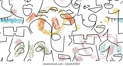 One line drawing. Abstract face seamless pattern. Vector Modern minimal art. Graphics contour background. Continuous line drawing. Linear design woman and man faces. Horizontal Beauty modern print.