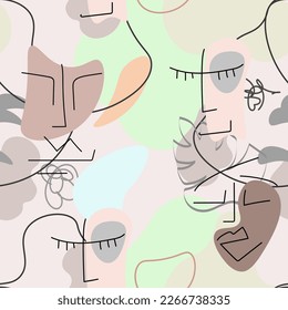 One line drawing. Abstract face seamless pattern. Vector Modern minimal art.  Graphics contour background. Continuous line drawing. Linear design woman and man faces. Beauty modern print. 