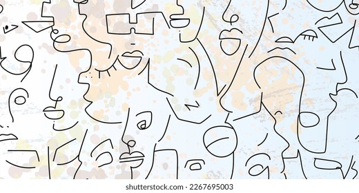 One line drawing. Abstract face seamless pattern. Vector Modern minimal art. Graphics contour background. Continuous line drawing. Linear design woman and man faces. Beauty modern print.