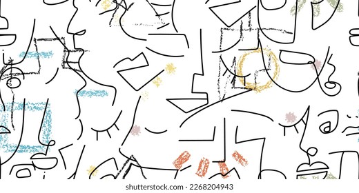 One line drawing. Abstract face seamless pattern. Vector Modern minimal art. Graphics contour background. Continuous line drawing. Linear design woman and man faces. Horizontal Beauty modern print.