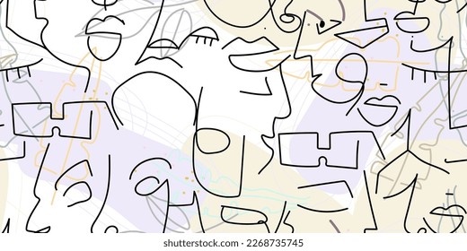 One line drawing. Abstract face seamless pattern. Vector Modern minimal art. Graphics contour background. Continuous line drawing. Linear design woman and man faces. Beauty modern print.