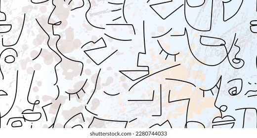 Dibujo de una línea. Resumen de la cara sin fisuras. Vector Arte mínimo moderno. Fondo de contorno gráfico. Dibujo continuo de líneas. Diseño lineal de caras de hombre y mujer. La belleza de la impresión moderna.