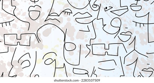 One line drawing. Abstract face seamless pattern. Vector Modern minimal art. Graphics contour background. Continuous line drawing. Linear design woman and man faces. Beauty modern print.