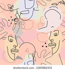 One line drawing. Abstract face seamless pattern. Vector Modern minimal art.  Graphics contour background. Continuous line drawing. Linear design woman and man faces. Beauty modern print. 