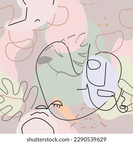 One line drawing. Abstract face seamless pattern. Vector Modern minimal art.  Graphics contour background. Continuous line drawing. Linear design woman and man faces. Beauty modern print. 