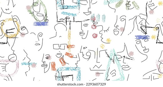 One line drawing. Abstract face seamless pattern. Vector Modern minimal art. Graphics contour background. Continuous line drawing. Linear design woman and man faces. Horizontal Beauty modern print.