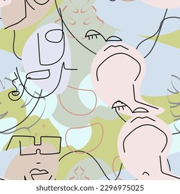 Eine Zeichnung. Abstraktes Gesicht nahtloses Muster. Vektorgrafik Moderne minimale Kunst. Konturhintergrund für Grafiken. Durchgehende Zeilenzeichnung. Lineares Design, Frau und Mann Gesichter. Schönes, modernes Drucken. 