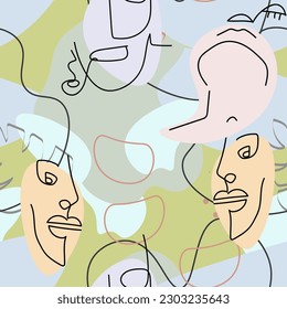 One line drawing. Abstract face seamless pattern. Vector Modern minimal art.  Graphics contour background. Continuous line drawing. Linear design woman and man faces. Beauty modern print. 