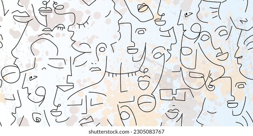 Dibujo de una línea. Resumen de la cara sin fisuras. Vector Arte mínimo moderno. Fondo de contorno gráfico. Dibujo continuo de líneas. Diseño lineal de caras de hombre y mujer. La belleza de la impresión moderna.