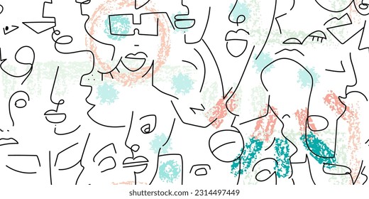 One line drawing. Abstract face seamless pattern. Vector Modern minimal art. Graphics contour background. Continuous line drawing. Linear design woman and man faces. Horizontal Beauty modern print.