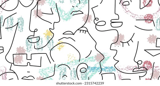 One line drawing. Abstract face seamless pattern. Vector Modern minimal art. Graphics contour background. Continuous line drawing. Linear design woman and man faces. Horizontal Beauty modern print.