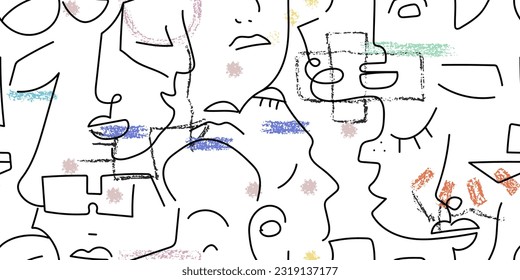 Eine Zeichnung. Abstraktes Gesicht nahtloses Muster. Vektorgrafik Moderne minimale Kunst. Konturhintergrund für Grafiken. Durchgehende Zeilenzeichnung. Lineares Design, Frau und Mann Gesichter. Horizontal Beauty modern bedruckt.