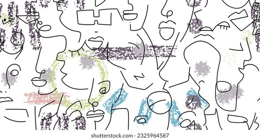Dibujo de una línea. Resumen de la cara sin fisuras. Vector Arte mínimo moderno. Fondo de contorno gráfico. Dibujo continuo de líneas. Diseño lineal de caras de hombre y mujer. Belleza horizontal impresión moderna.