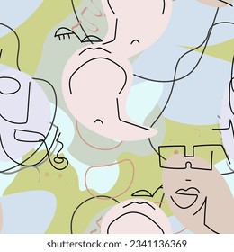Dibujo de una línea. Resumen de la cara sin fisuras. Vector Arte mínimo moderno. Fondo de contorno gráfico. Dibujo continuo de líneas. Diseño lineal de caras de hombre y mujer. La belleza de la impresión moderna. 