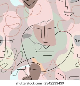 One line drawing. Abstract face seamless pattern. Vector Modern minimal art.  Graphics contour background. Continuous line drawing. Linear design woman and man faces. Beauty modern print. 