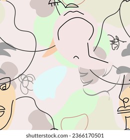 Eine Zeichnung. Abstraktes Gesicht nahtloses Muster. Vektorgrafik Moderne minimale Kunst. Konturhintergrund für Grafiken. Durchgehende Zeilenzeichnung. Lineares Design, Frau und Mann Gesichter. Schönes, modernes Drucken. 