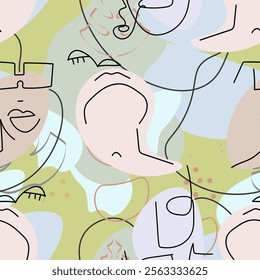 One line drawing. Abstract face seamless pattern. Vector Modern minimal art.  Graphics contour background. Continuous line drawing. Linear design woman and man faces. Beauty modern print. 