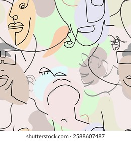 One line drawing. Abstract face seamless pattern. Vector Modern minimal art.  Graphics contour background. Continuous line drawing. Linear design woman and man faces. Beauty modern print. 