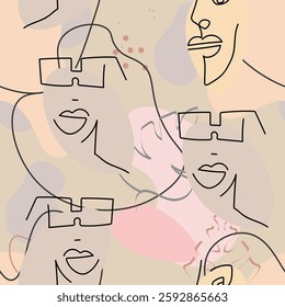 One line drawing. Abstract face seamless pattern. Vector Modern minimal art.  Graphics contour background. Continuous line drawing. Linear design woman and man faces. Beauty modern print. 