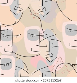 One line drawing. Abstract face seamless pattern. Vector Modern minimal art.  Graphics contour background. Continuous line drawing. Linear design woman and man faces. Beauty modern print. 
