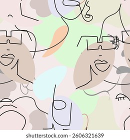 One line drawing. Abstract face seamless pattern. Vector Modern minimal art.  Graphics contour background. Continuous line drawing. Linear design woman and man faces. Beauty modern print. 