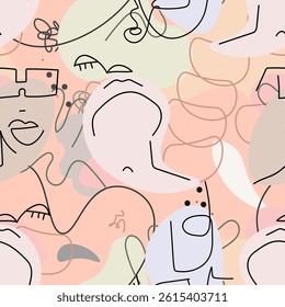 One line drawing. Abstract face seamless pattern. Vector Modern minimal art.  Graphics contour background. Continuous line drawing. Linear design woman and man faces. Beauty modern print. 