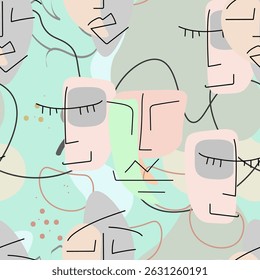 Un dibujo de línea. Abstractas patrón sin fisuras de la cara. Vector Arte minimalista moderno. Fondo de contorno gráfico. Dibujo de línea continua. Caras de mujer y hombre de diseño lineal. Estampado moderno de belleza. 