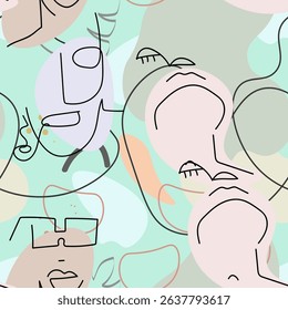 One line drawing. Abstract face seamless pattern. Vector Modern minimal art.  Graphics contour background. Continuous line drawing. Linear design woman and man faces. Beauty modern print. 